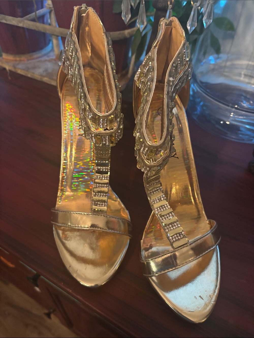 Delicacy Metallic Gold Crystal-Strap High Heels - Picture 2 of 10